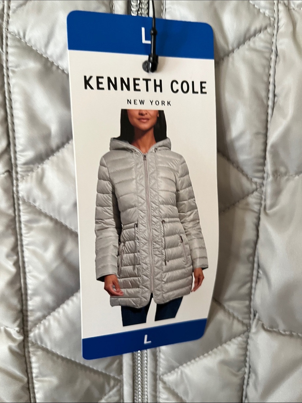 Jacket hooded womens new size L Kenneth Cole grey shell, lining & fill polyester